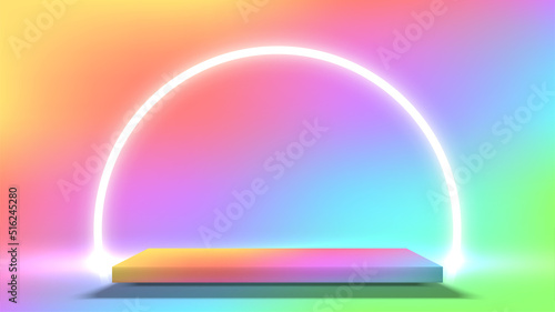 Empty square pedestal for product displays decor with neon lighting round shape on bright colorful background. Vector illustration.