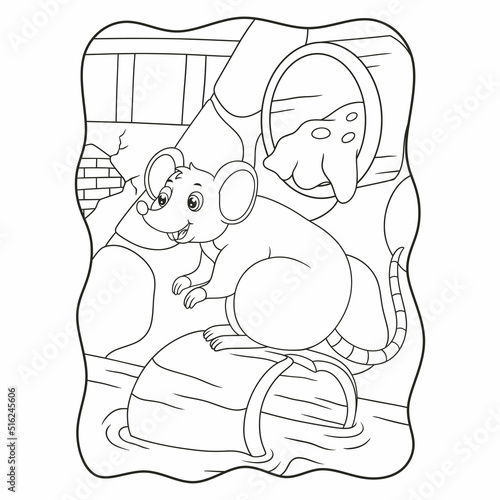 cartoon illustration rat is standing on a piece of log that drifted in the ditch book or page for kids black and white