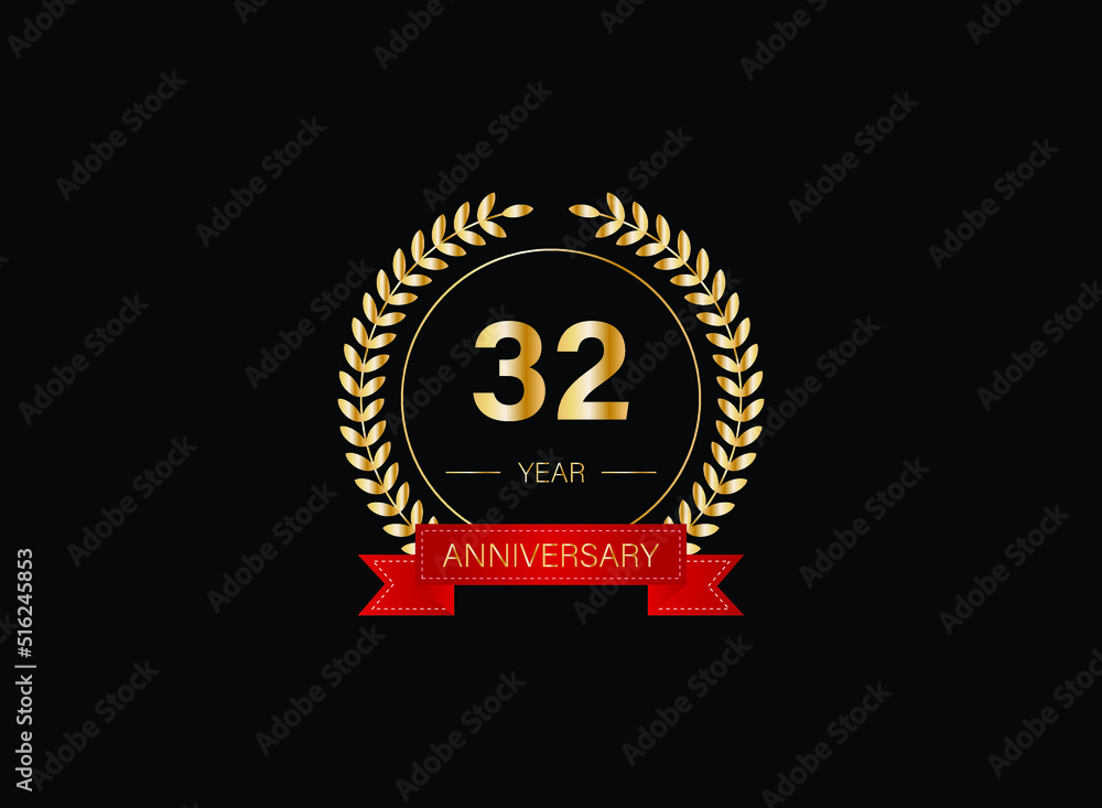 Naklejka premium 32th anniversary celebration with gold glitter color and white background. Vector design for celebrations, invitation cards and greeting cards. eps 10.