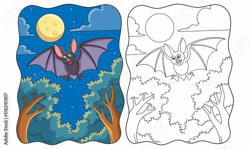 cartoon illustration a view from under the bats flying at night in the forest with the moon shining brightly book or page for kids