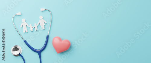 Top view of medical stethoscope and icon family with heart symbol on cyan background. Health care insurance concept. 3d rendering