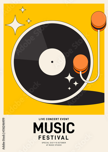 Music poster design template background with vinyl record vintage retro style