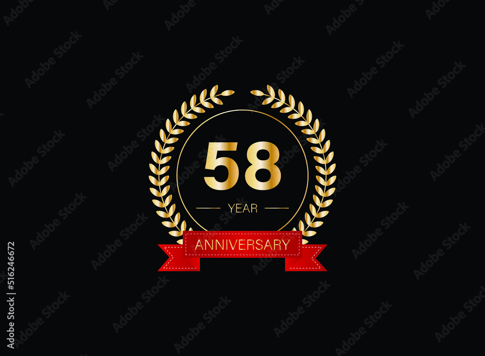 Naklejka premium 58th anniversary celebration with gold glitter color and white background. Vector design for celebrations, invitation cards and greeting cards. eps 10.