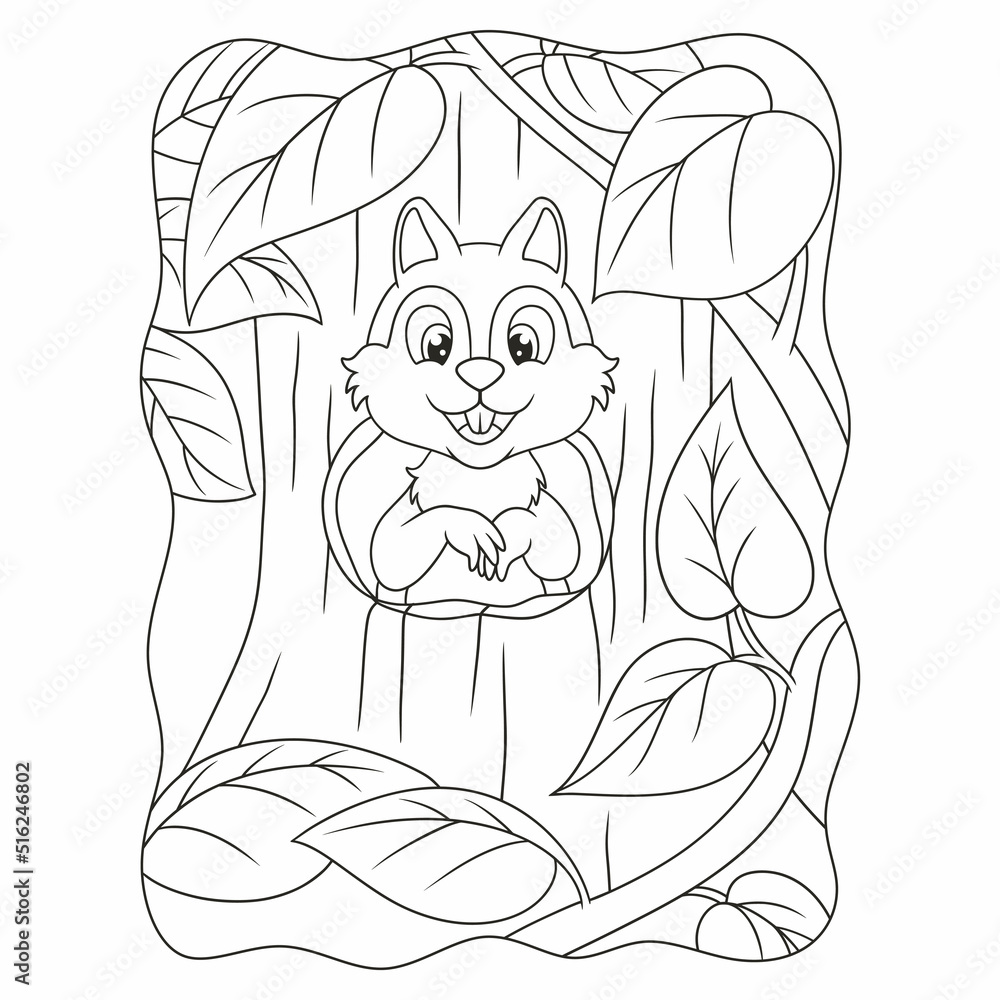 cartoon illustration the squirrel standing in front of the hole in the door of his house in a big tree in the middle of the forest book or page for kids black and white cartoon illustration the squirrel standing in front of the hole in the door of his house in a big tree in the middle of the forest book or page for kids black and white