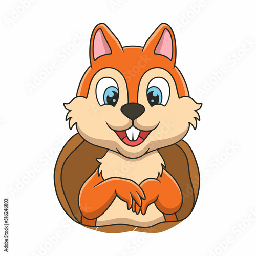 cartoon illustration the squirrel standing in front of the hole in the door of his house in a big tree in the middle of the forest