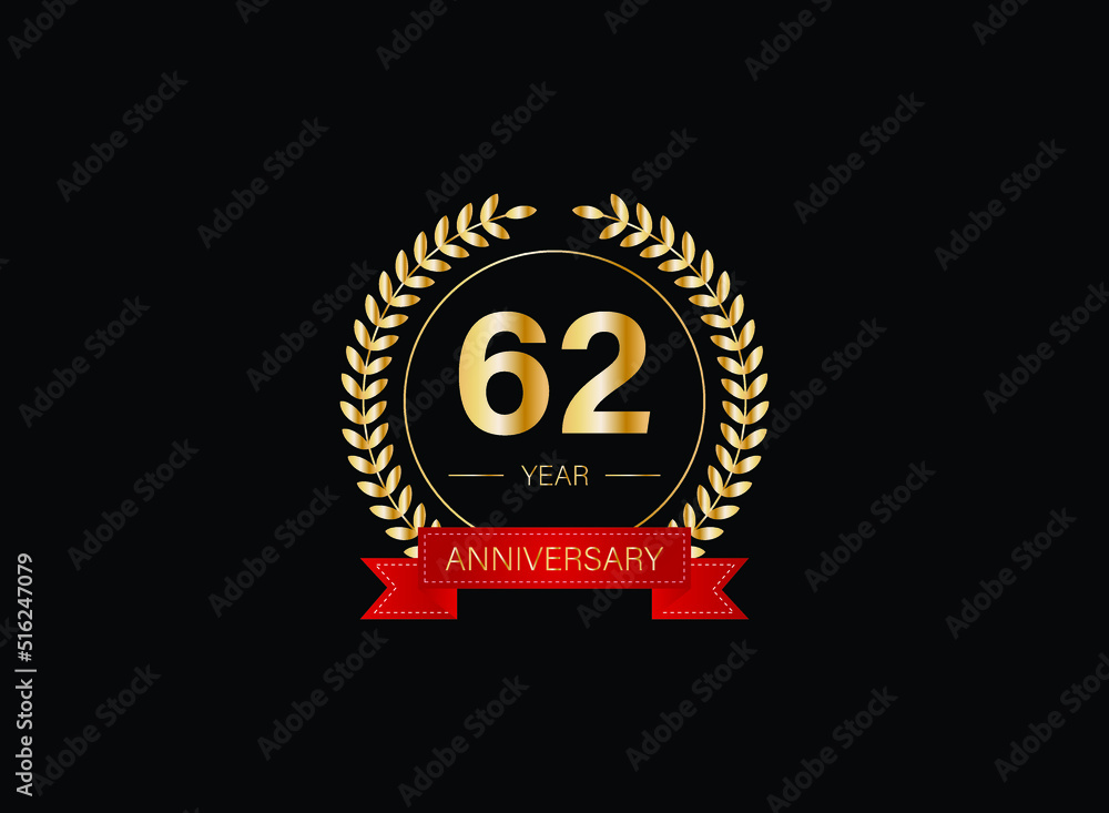 Fototapeta premium 62th anniversary celebration with gold glitter color and white background. Vector design for celebrations, invitation cards and greeting cards. eps 10.