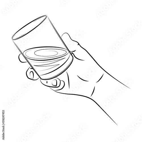 Male hand in realistic gesture holding glass of whiskey, close-up. Drink portion of aged alcohol. Glass with strong drink. Cheers toast. Alcohol drink for luxury celebration. Sketch, linear drawing
