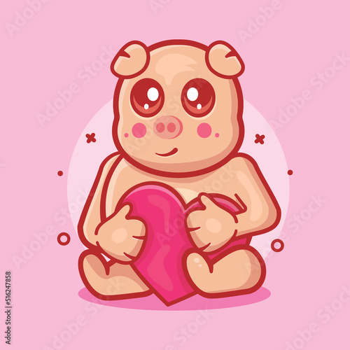 cute pig animal character mascot holding love heart sign isolated cartoon in flat style design