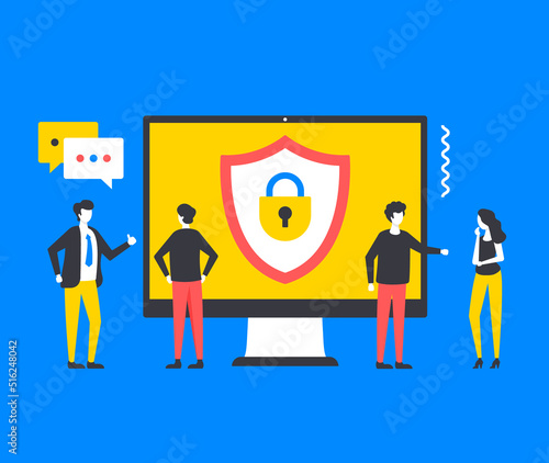 Cybersecurity. People and computer with shield and lock. Computer security concepts. Modern graphic elements set. Vector illustration