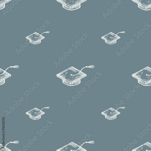 Graduate hats engraved seamless pattern. Vintage element education in hand drawn style.