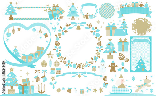 クリスマスのデザインフレームとイラストのセット_スノーゴールド_文字なし