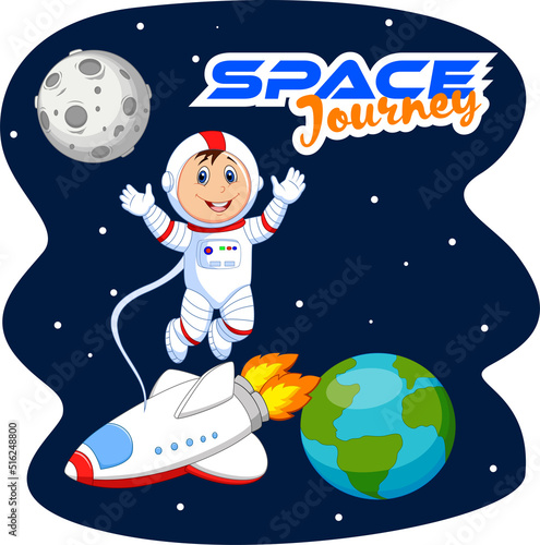 Cartoon astronaut with rocket and planets