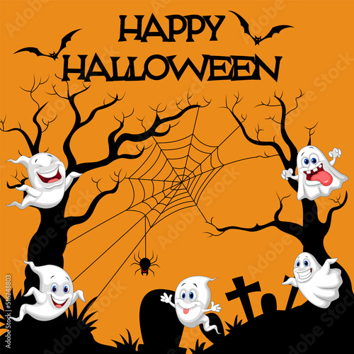 Happy Halloween with funny ghosts spirit flying
