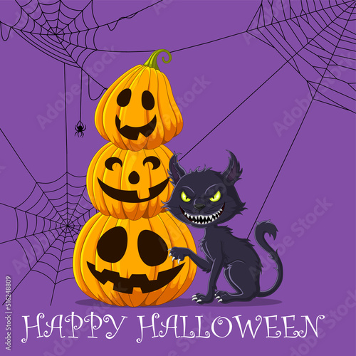 Halloween background with spooky pile of pumpkins and black cat