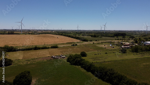 Wind turbines for eolic energy production on green fields, Colonia department in Uruguay. Aerial panoramic view