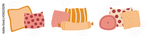 Set of Pillows and Cushions, Cozy Home Interior Textiles. Vector Flat Illustration, Isolated on White, Cartoon.