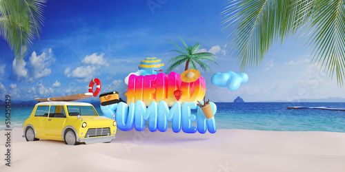 Hello to Summer banner design. colorful beach elements with 3d Lettering in blue background, 3d Illustration