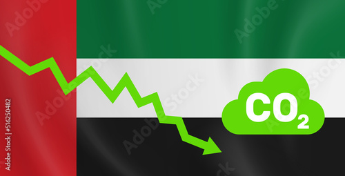 UAE United Arab Emirates reducing co2 carbon dioxide emission  graph down  flag background vector illustration