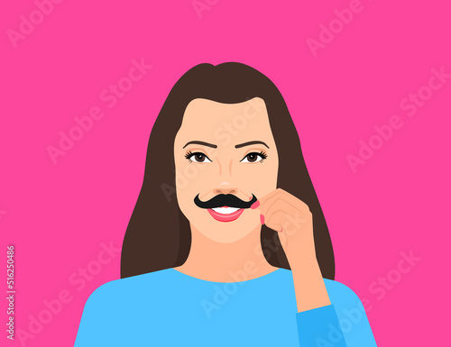 smiling woman  holding fake mustache  vector illustration