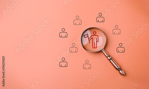 Принти на полотні HRM or  Human Resource Management, Magnifier glass focus to manager icon which is among staff icons for human development recruitment leadership and customer target group concept