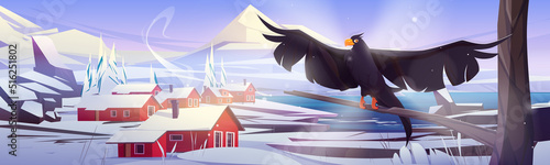 Black eagle, falcon or hawk sitting on tree branch over winter picturesque landscape with mountains, blue lake and cottages on frozen shore. Wild bird on nature background, Cartoon vector illustration