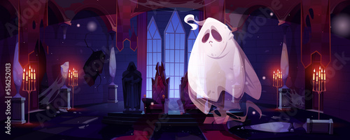 Ghost in night abandoned castle hall with thrones. Funny spook cartoon Halloween character, fantasy monster, spooky spirit personage with sad face in old haunted palace interior, Vector illustration