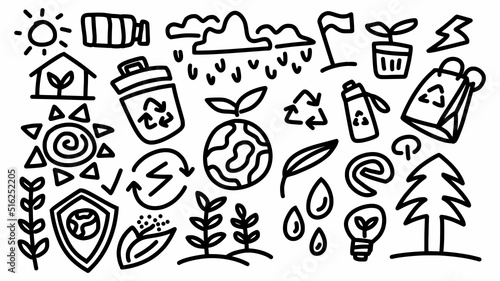 eco environment and save energy campaign icon set hand drawn doodle outline vector template illustration collection for education and coloring book