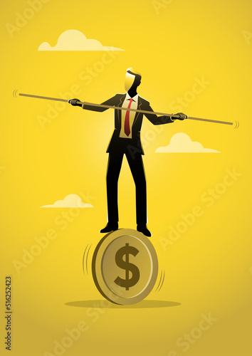Businessman balancing not to fail from walking on dollar coin