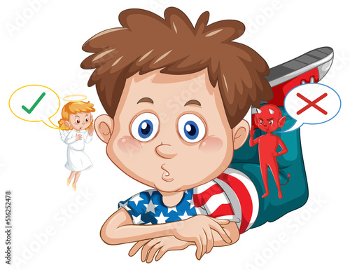 Cartoon character with devil and angel fighting in thought
