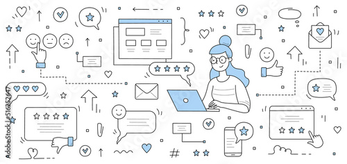 Customer review and rating doodle concept. Female user sit at laptop giving online feedback for services in internet. Client positive or negative experience, ranking stars, Linear vector illustration