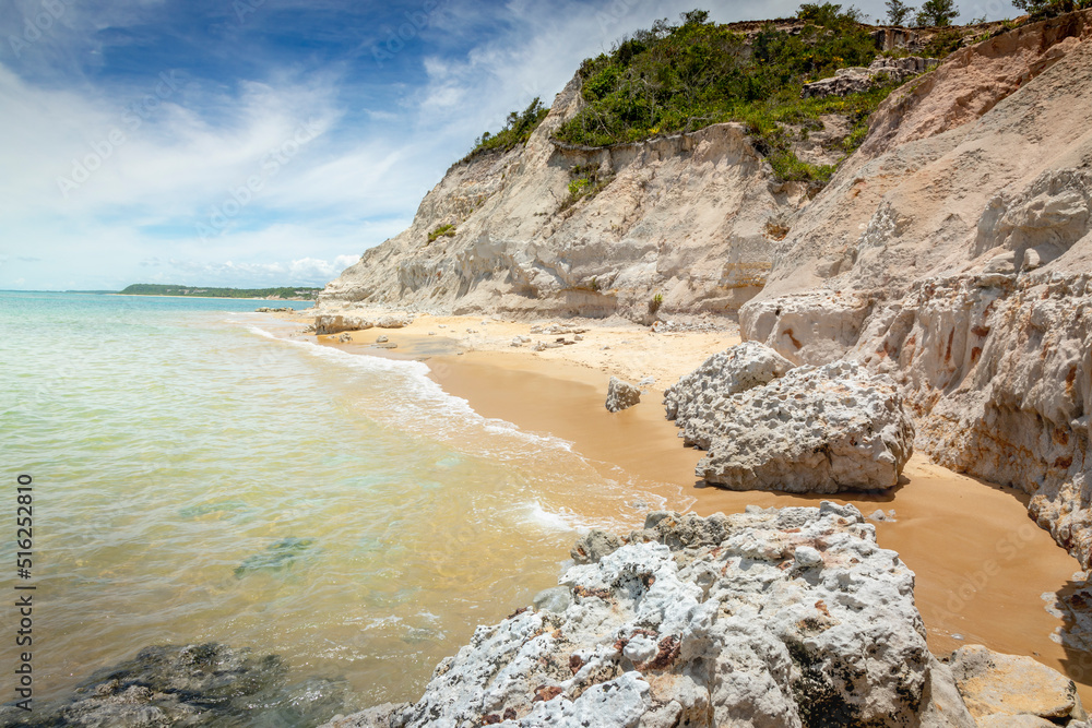 Idyllic Espelho Beach with sea cliffs in Trancoso, BAHIA