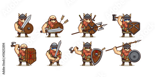 Viking with different medieval weapon and armor. Vector cartoon set of game character, strong man barbarian in helmet, norse warrior with wooden and metal shields, sword, hammer, spear and axe