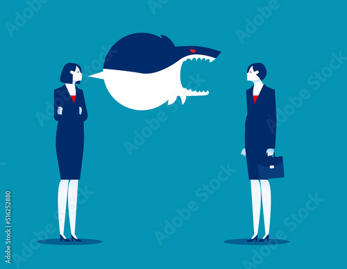 Manager screams and flies out angry shark. Business vector illustration