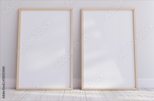 Wooden two vertical frame mockup on wooden floor with white background Minimalist home. Boho style. 3D illustrations.
