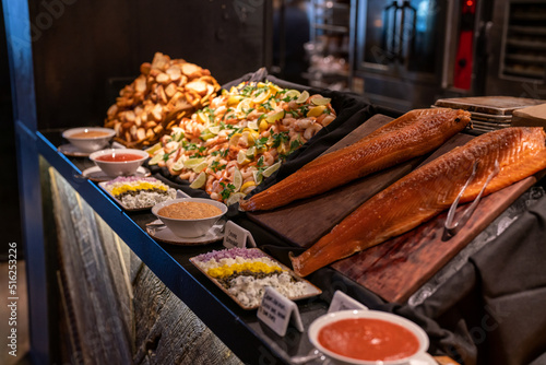 seafood buffet items on display