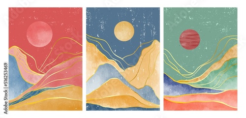 Set of Mountain landscape with watercolor brush and line art. Abstract mountain contemporary aesthetic backgrounds landscapes. vector illustrations