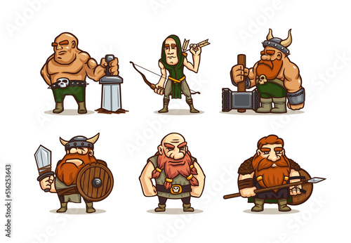 Viking cartoon characters, ancient scandinavian warriors with sword, hammer, bow, spear and wooden shields. Game or fairy tale personages, medieval barbarians in horned helmets, Vector illustration