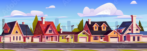 Fototapeta Suburb houses, suburban street with residential cottages and city skyline, countryside two storey buildings with garages