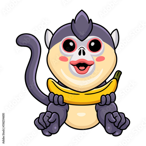 Cute little snub nosed monkey cartoon holding a banana