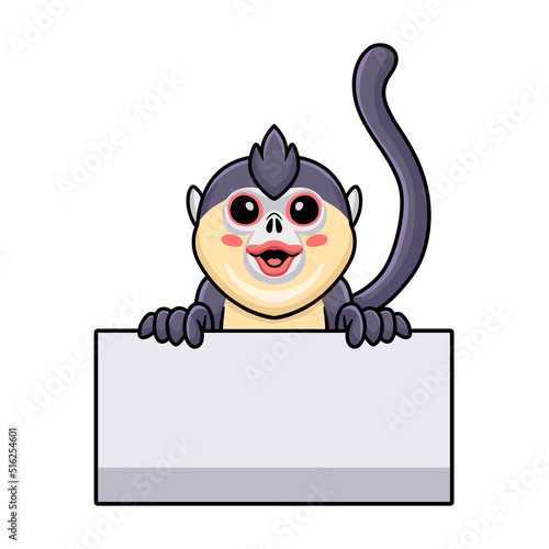 Cute little snub nosed monkey cartoon holding blank sign