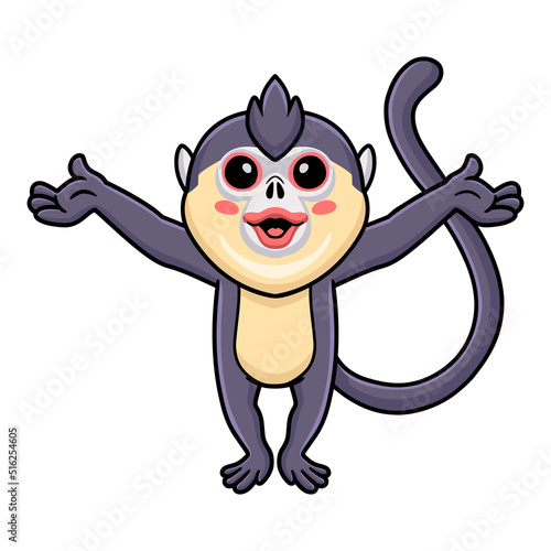 Cute little snub nosed monkey cartoon raising hands