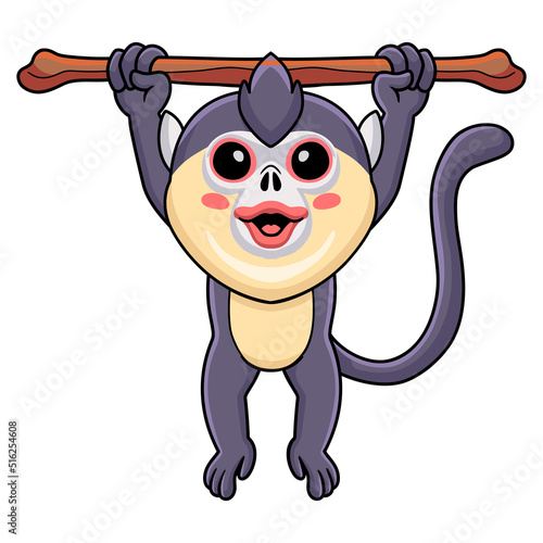 Cute little snub nosed monkey cartoon hanging on tree