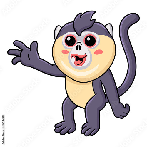 Cute little snub nosed monkey cartoon waving hand