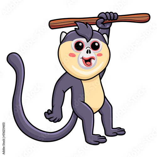 Cute little snub nosed monkey cartoon hanging on tree