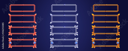 Silver, bronze and golden vintage game frames, ui medieval borders of gold or steel metal with gems. Cartoon empty metallic bordering with gemstones, isolated design gui elements, Vector illustration