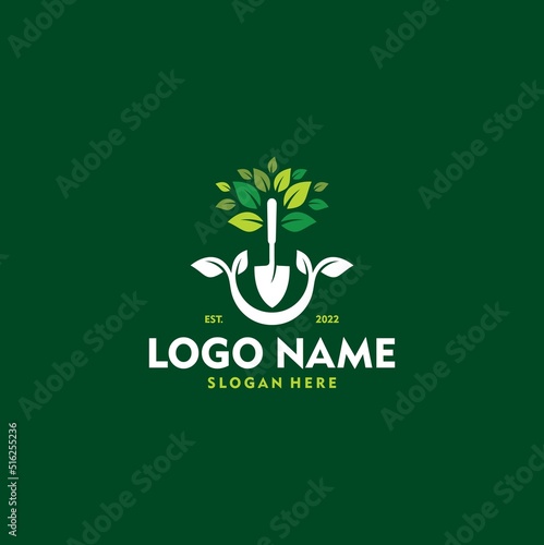 Farm and Ranch logo shovel tree leaf spade nature green logo agriculture vector icon illustration