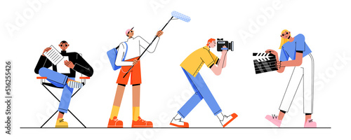 Film crew, movie production studio staff with camera, microphone and clapper. Vector flat illustration of people filmmakers, director, cameraman and assistants