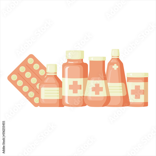 Medical bottle with label. Pill flat icon isolated on white background. Flat vector illustration.
