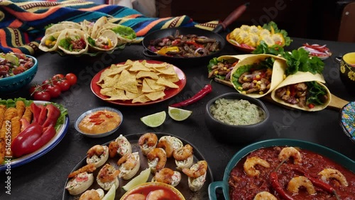 Mexican Restaurant. Fajita Nachos, Burrito, Taco salad, Guacamole appetizer, Tortilla, soup, Seafood photo