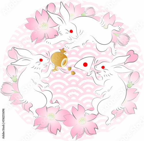 年賀状素材　2023　正月　卯年　卯　うさぎ　桜　墨絵　日本画　かわいい　シンプル　イラスト
